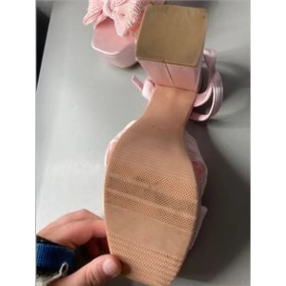 Baby Pink Platform Bow Stappy Block Heel Open Square Toe Size 8.5